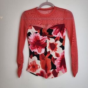 Sheer Red Sweet Heart Neckline Floral Rausch Long Sleeve Women's Top  Size S